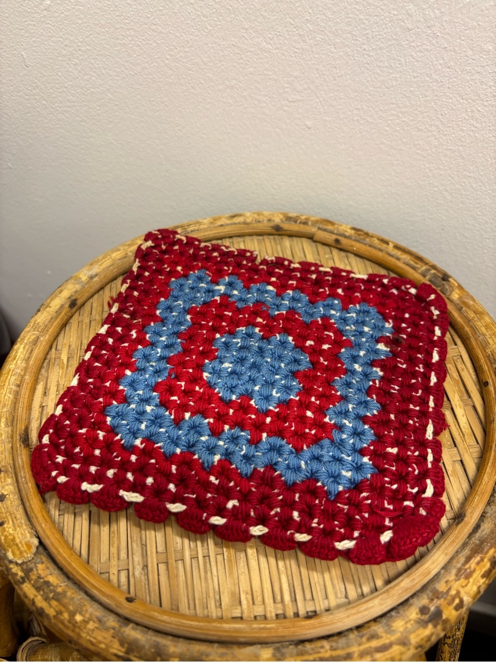 Handmade Crochet Square Hot Pad - Red & Blue